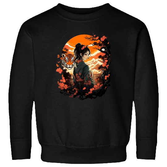 Japanese Geisha and Tiger With Mount Fuji And Pagoda Blossom 3 Sweatshirts
