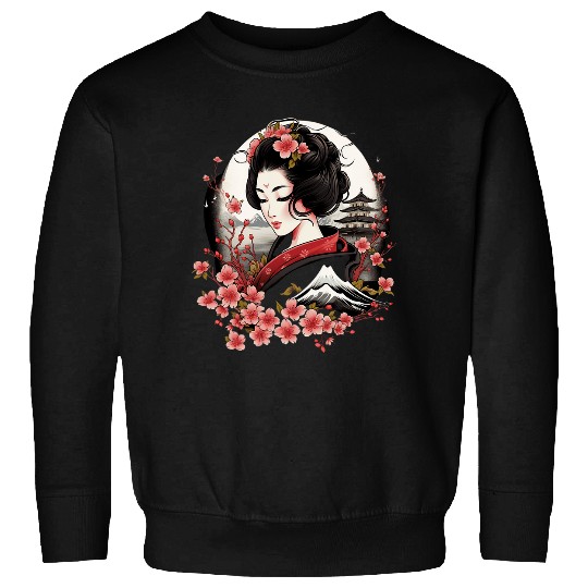 Japanese Geisha With Mount Fuji And Pagoda Cherry Blossom 15 Sweatshirts