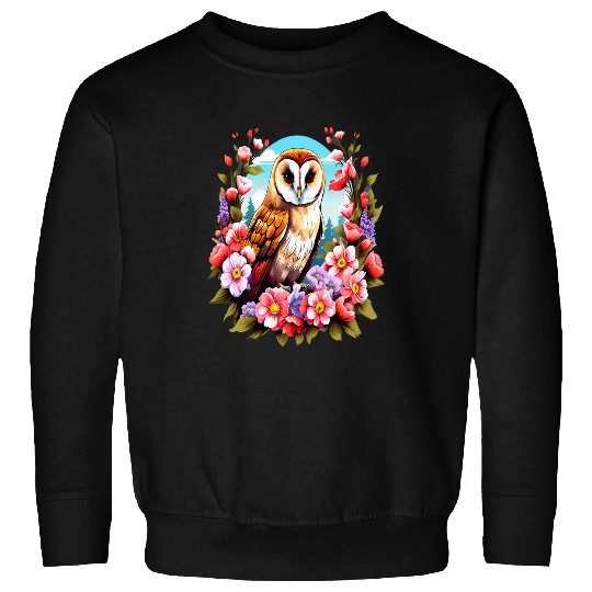 Owl Pet Cute European Barn Owl Surrounded by Bold Spring Flowers 4 Sweatshirts