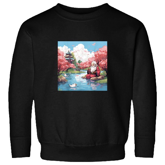 Santa Claus on Holiday Japanese Sakura Pond Garden fed Ducks Sweatshirts