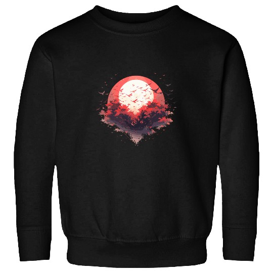 Japanese Tree Red Moon With Flying Birds Otaku Lovers Sweatshirts