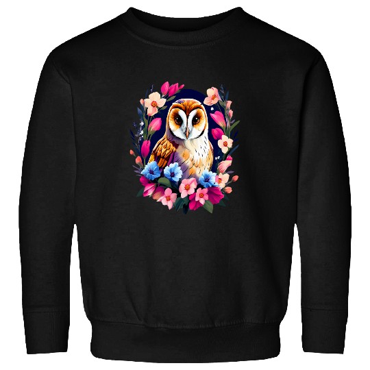 Owl Pet Cute European Barn Owl Surrounded by Bold Spring Flowers 7 Sweatshirts