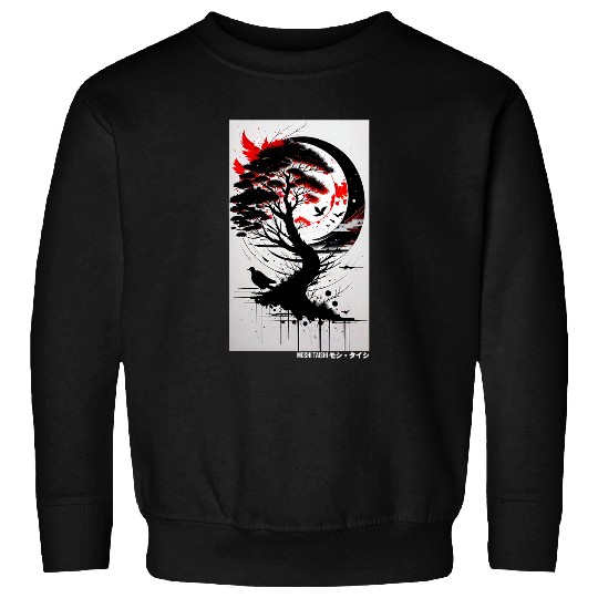 Japanese Tree Red Moon With Birds Flying in background Graph Sweatshirts