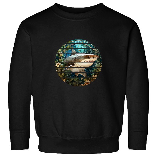 Retro circle stained glass great white shark ocean fishing Sweatshirts