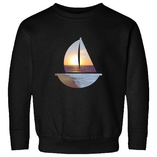 Sunset on the Ocean Sand Beach Waves Shape of Sail Boat Sweatshirts