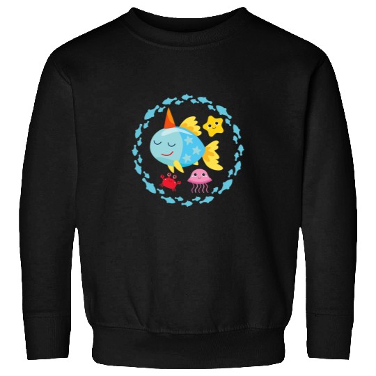 Colourful Unicorns fish starfish crab jellyfish in the circle of fish Sweatshirts