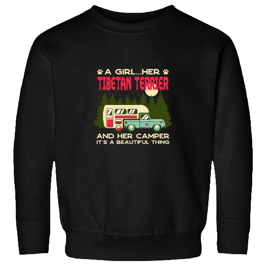 A Girl Her Tibetan Terrier and Her Camper Tsang Apso Sweatshirts