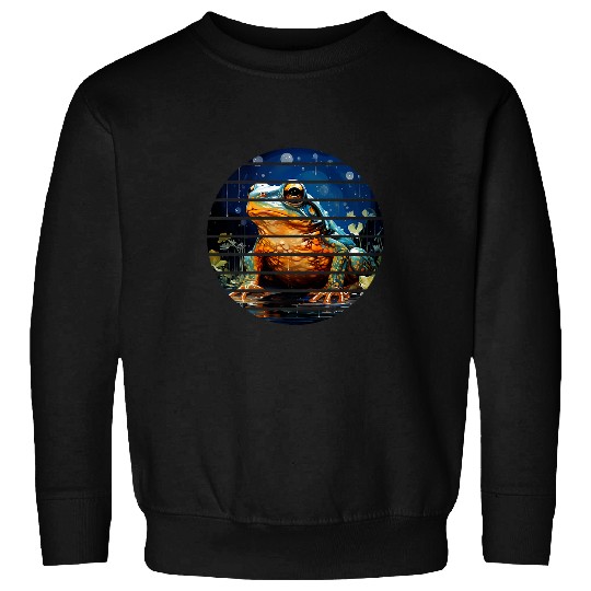 Retro circle green frog blue starry night sky pond anime art Sweatshirts