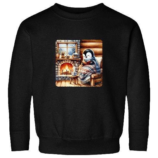 Penguin Pet Reading By Fireplace In A Log Cabin Cozy Atmosphere Sweatshirts