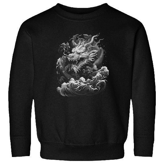 vintages Japanese Dragon Ukiyoe Black and White Graphic Sweatshirts