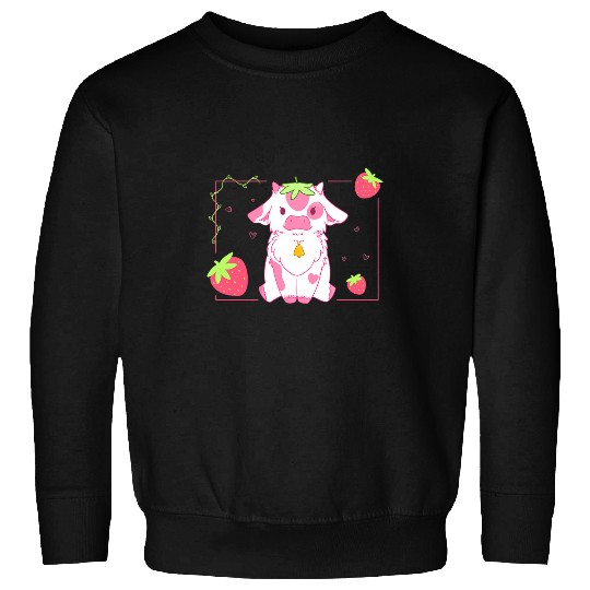 Cow Lover Cute Pink Strawberry Milk Cow Kawaii Aesthetic Design Sweatshirts