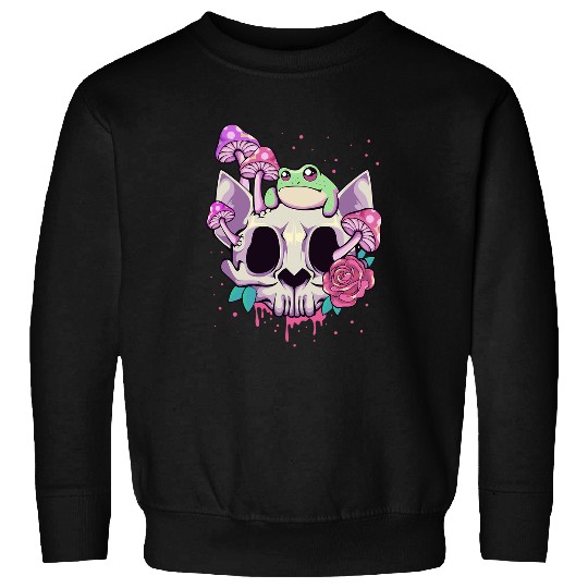 Pastel Goth Kawaii Frog On A Cat Skull with Mushroom Sweatshirts