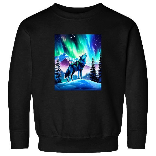 wolfs Howling With Northern Lights Mountains Starry Sky Sweatshirts