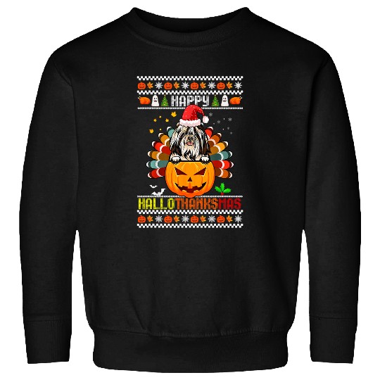 Happy Hallothanksmas Shih Tzu Dog Santa Pumpkin Turkey 3 Sweatshirts