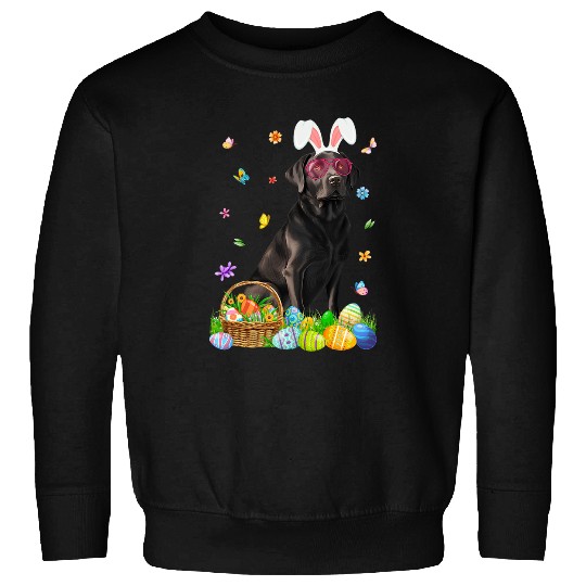 Black Labrador Dog With Bunny Ears Egg Basket Easter Day Sweatshirts