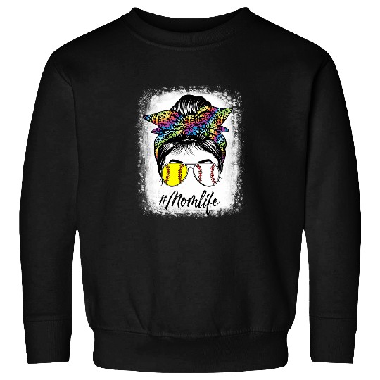 Baseball Softball Mom Life Messy Bun Tie Dye Bleached Mother Sweatshirts