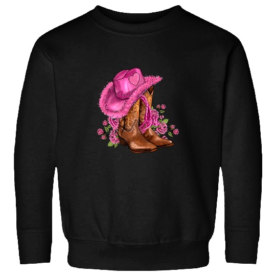 Floral Pink Cowgirls Boots And Hat Valentines Western Country Sweatshirts