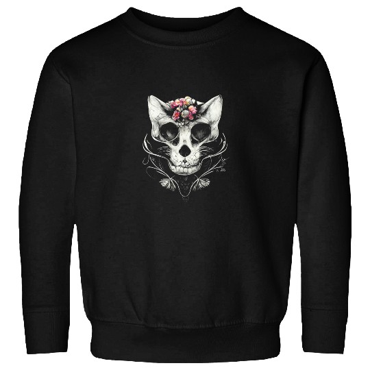 Cat Skull With Snakes And Flowers Tattoo Art Scary Halloween Sweatshirts