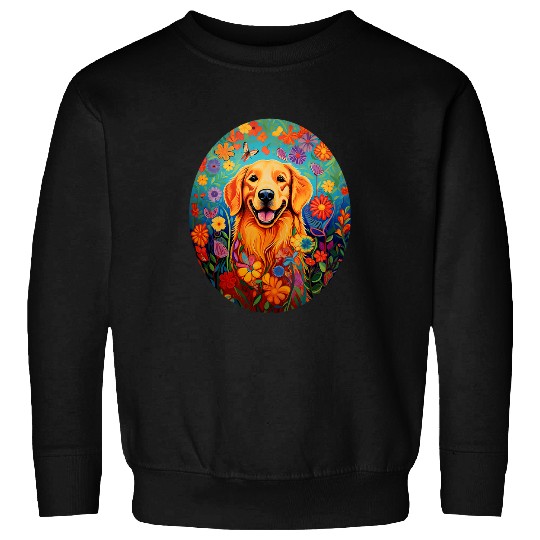 Happy Golden Retriever with Bright Flowers for Dog Lovers Sweatshirts