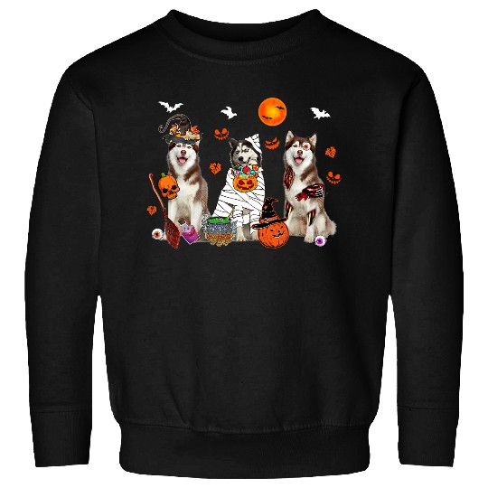 Dog Husky Three Husky Dogs Witch Scary Mummy Halloween Zombie Lover Sweatshirts