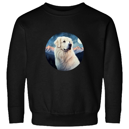 Great Pyrenees Dog Under Moon Snowy Mountain Sunset Sweatshirts