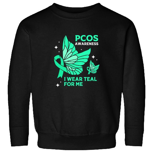 Teal Butterfly Ribbon Pcos I Wear Teal For Me Sweatshirts