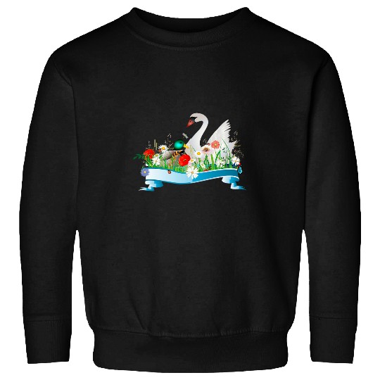 Painted swan and duck in the lake with springlike shore Sweatshirts
