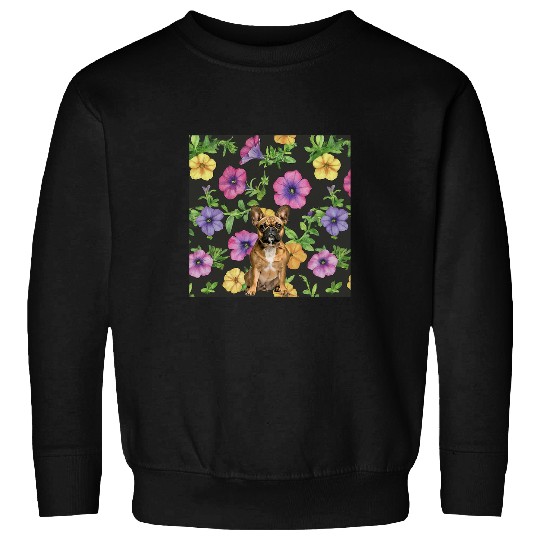French Bulldog Petunias Yellow Purple Orange Flowers Sweatshirts