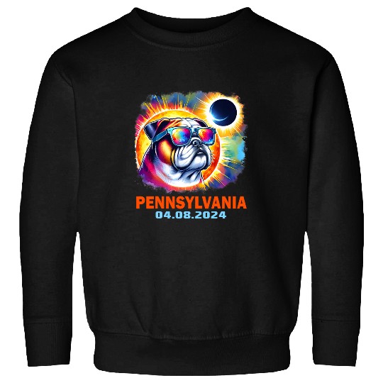 Colorful Bulldog Total Solar Eclipse 2024 Pennsylvania Sweatshirts