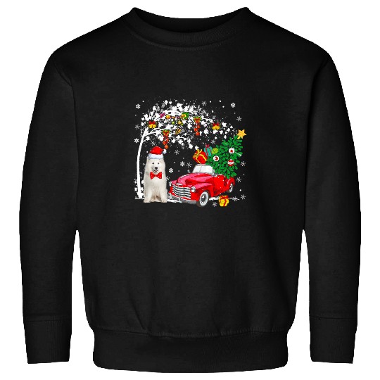 Dog Samoyed Santa Samoyed Red Pickup Truck Carrying xmass Tree Family Sweatshirts