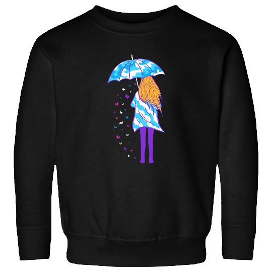 Girl With Umbrella Clouds Waves Butterflies Art Sweatshirts