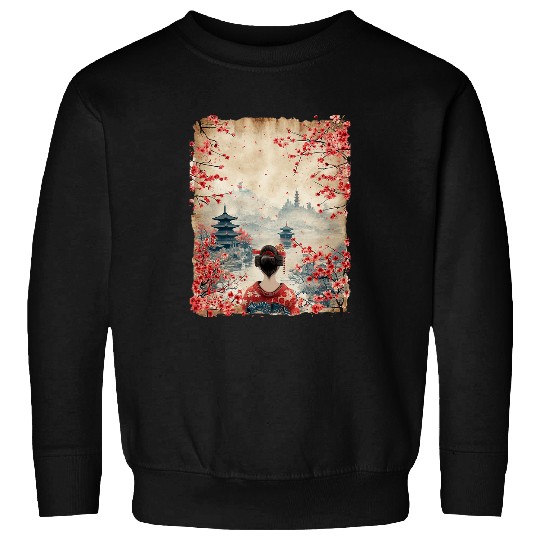 Japanese Castle Onsen Art Papyrus Scroll Floral Geisha 21 Sweatshirts