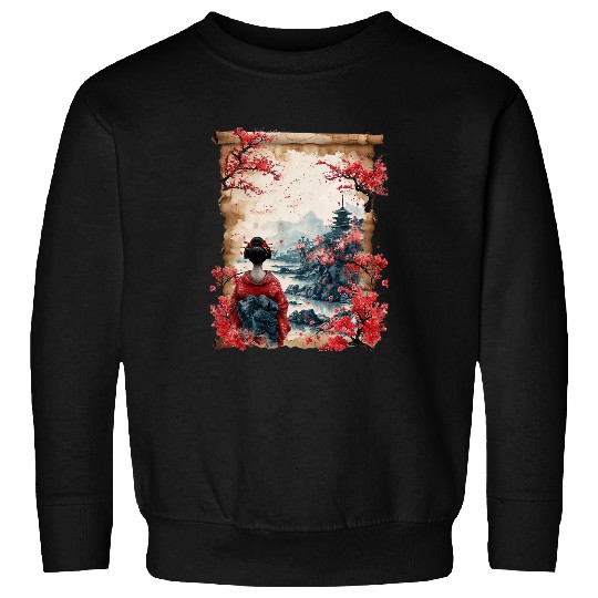 Japanese Castle Onsen Art Papyrus Scroll Floral Geisha 25 Sweatshirts