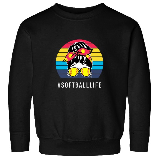 Softball Messy Hair Bun Retro Mom Aunt Life Mothers Day Sweatshirts