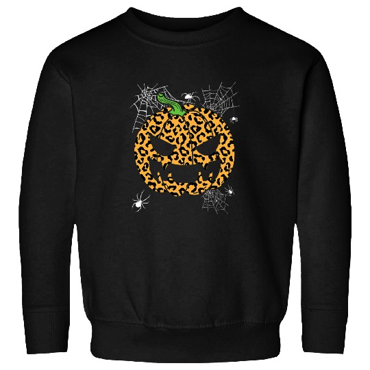 Womens Halloween Spider Webs Cheetah Pumpkin Sweatshirts
