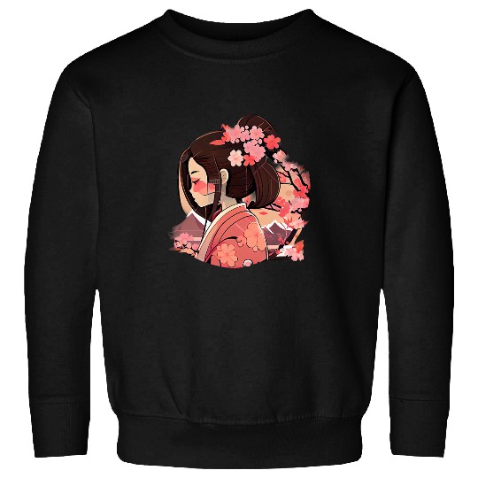 Japanese Geisha girl mountains with cherry blossom flowers Sweatshirts