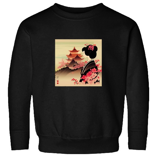 Japanese Lady Cherry Blossom Geisha looking at Castle Sweatshirts
