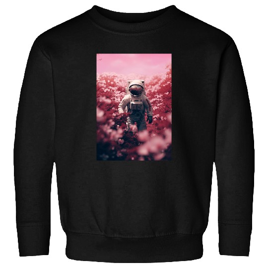 Space Astronaut Standing On A Field Of Pink Flowers 1 Sweatshirts