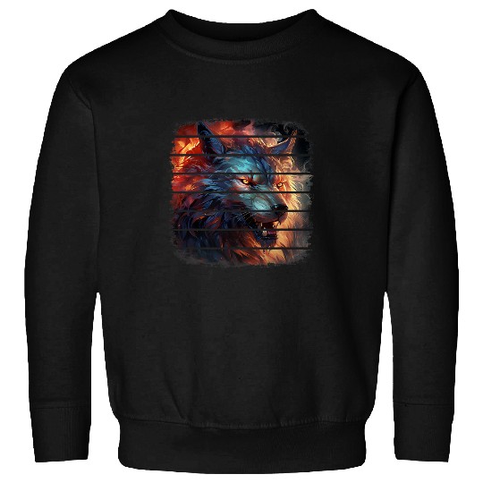 Retro cosmic fierce white lone wolfs with Fires anime art Sweatshirts