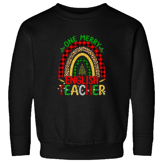 One Merry English Teacher Rainbow Leopard Print Christmas 2 Sweatshirts