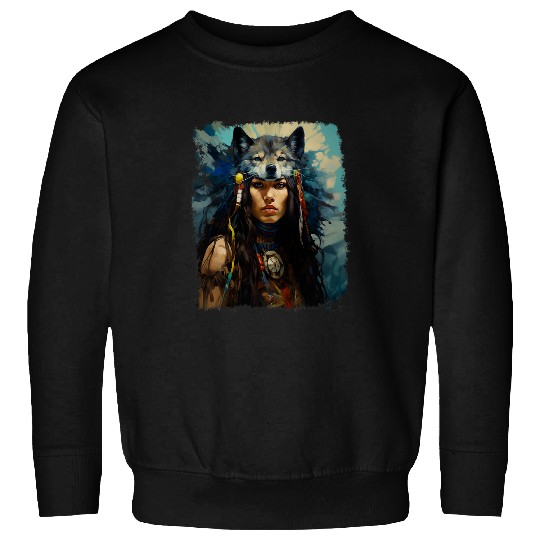 Discover Native American Girl Female wolfs Spiritual Animal Sweatshirts