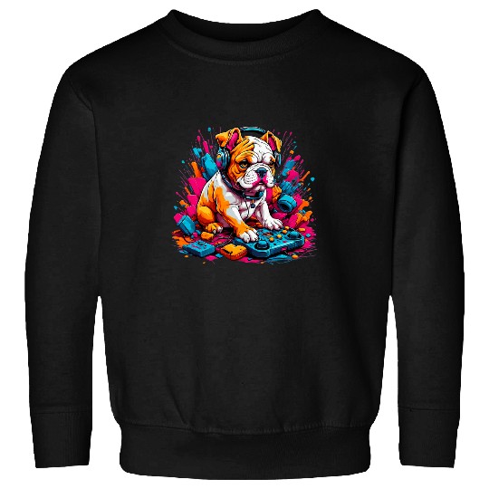 Retro Gaming Partner Bulldog Puppy Wearing Headphones Sweatshirts