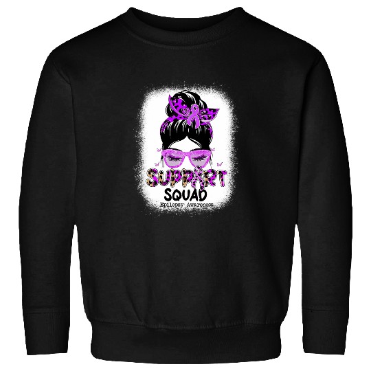 Support Squad Messy Bun Butterfly Purple Ribbon Epilepsy Sweatshirts