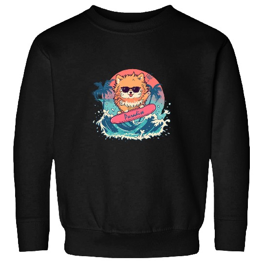 Pomeranian Dog Surfing the Waves in Paradise Sunglasses Sweatshirts