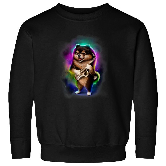 Pomeranian Dog Play Saxophone in Galaxy Rainbow Space 1 Sweatshirts