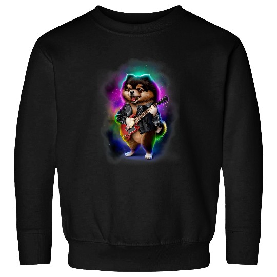Pomeranian Dog Play Electric Guitar in Galaxy Rainbow Space Sweatshirts
