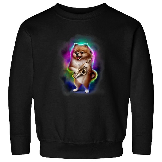 Pomeranian Dog Play Saxophone in Galaxy Rainbow Space Sweatshirts