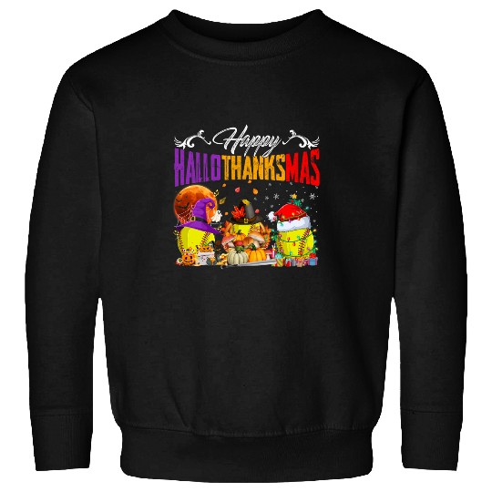 Witch Pilgrim Santa Softball Balls Happy HalloThanksMas Boys Sweatshirts