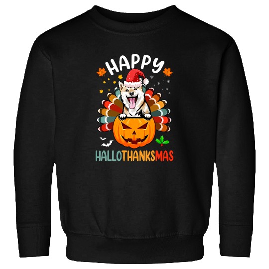 Dog Shiba Inu Happy Hallothanksmas Shiba Inu Dog Santa Pumpkin Turkey Sweatshirts