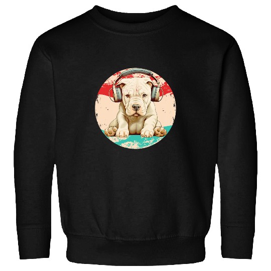 vintages Retro American Puppy Pitbull Dog Wearing Head Phones Sweatshirts